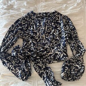 Forever 21 Navy Blue and White Floral Wrap Blouse
